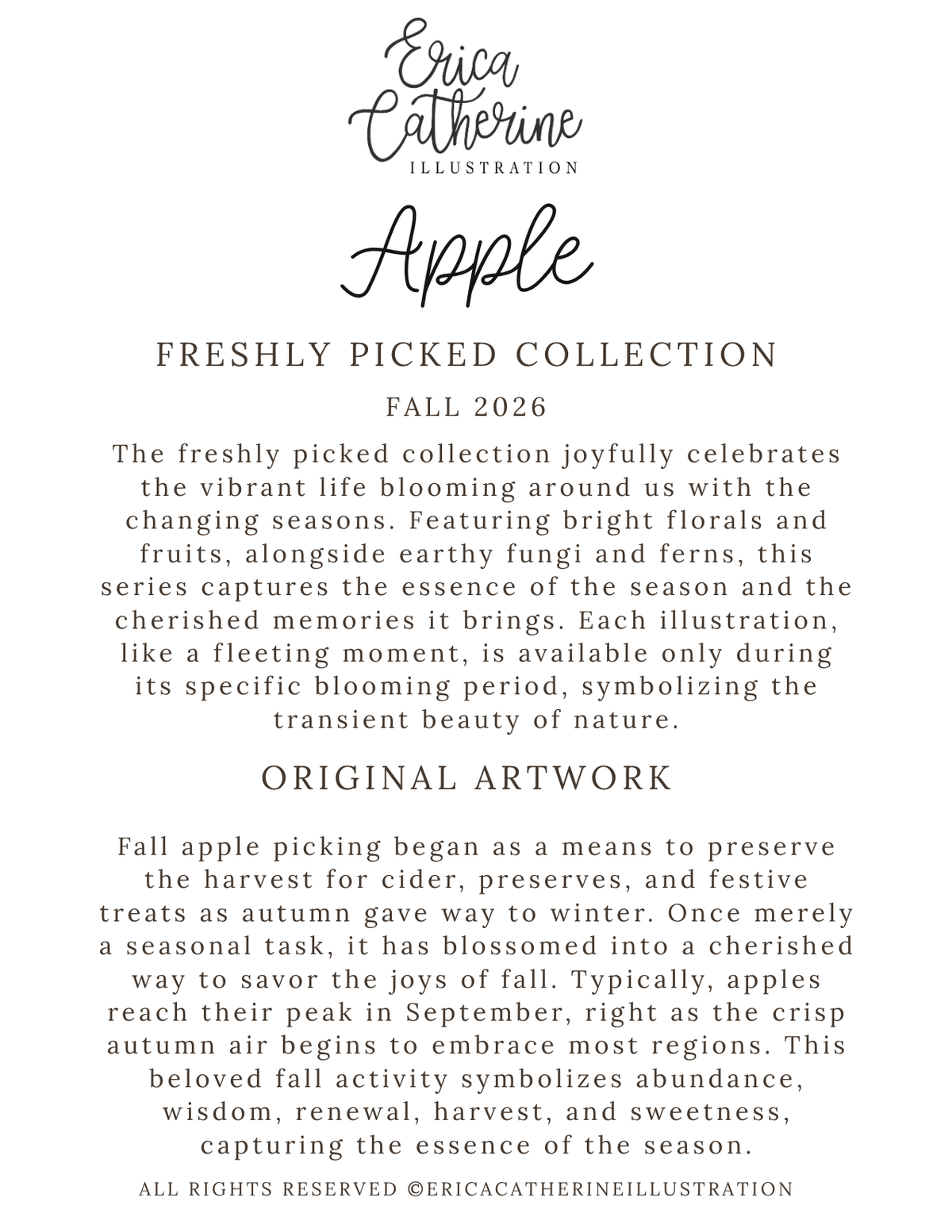 A digital graphic card for Erica Catherine Illustration featuring the title 'Apple' and 'Freshly Picked Collection Fall 2026' with descriptive text about fall apple picking.