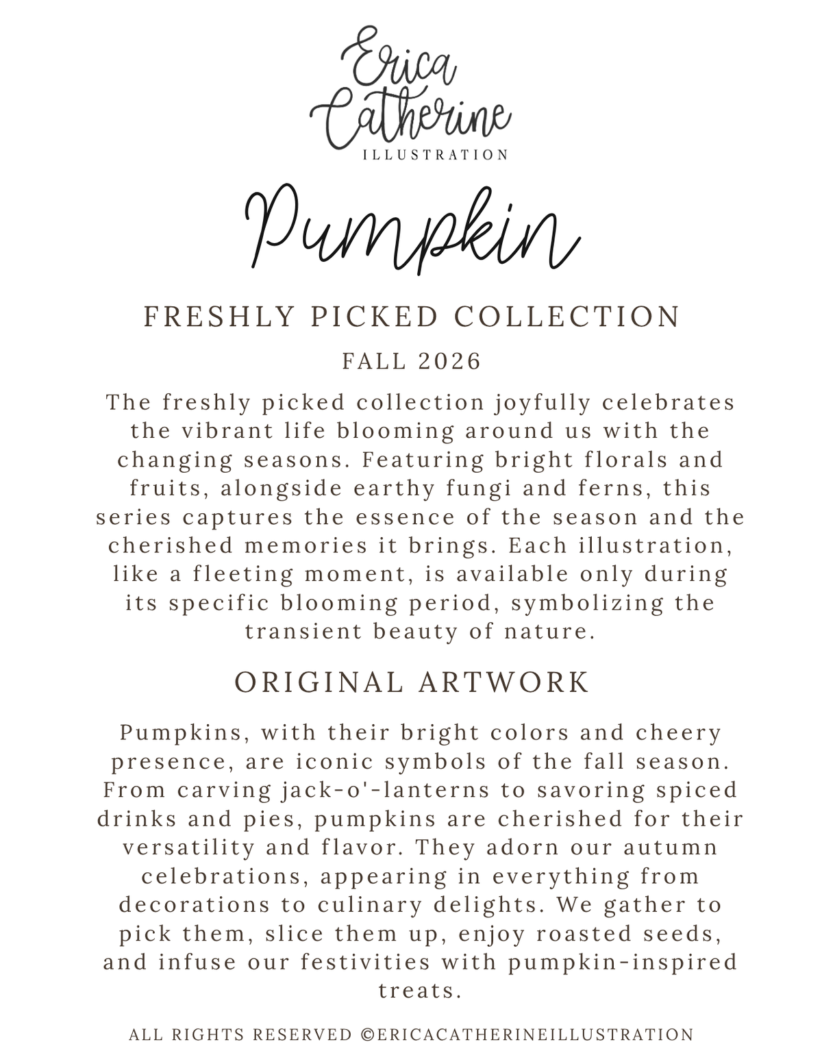 A digital graphic card featuring black text on a solid white background. The text is styled in elegant fonts, with the brand 'Erica Catherine Illustration' at the top, followed by 'Pumpkin' and 'Freshly Picked Collection Fall 2026'.