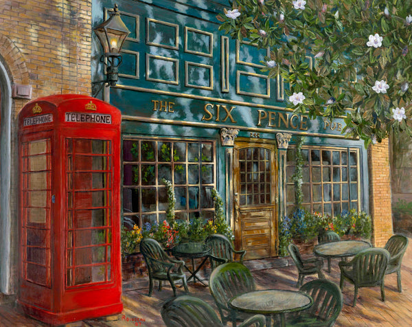 Bill Rousseau's fine art print of a downtown Savannah pub