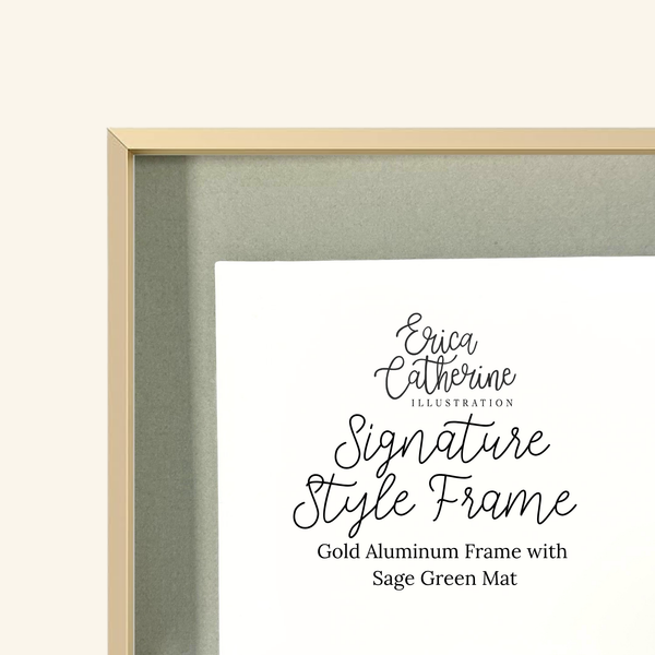 Framed artwork with 'Erica Catherine Illustration' text, gold aluminum frame, and sage green mat.