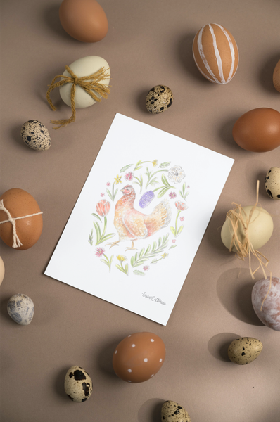 Print with a chicken illustration surrounded by decorative eggs on a brown background