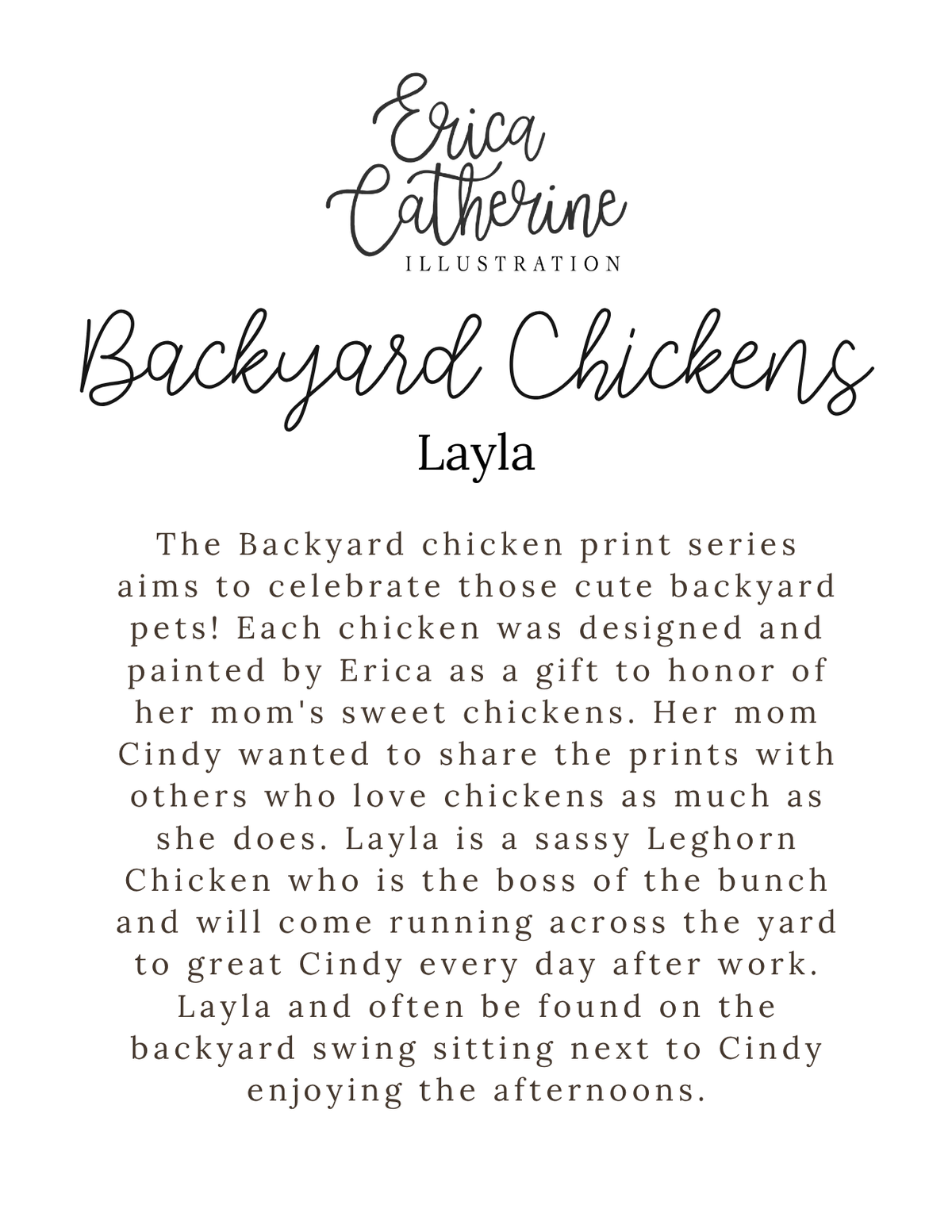 Text about 'Backyard Chickens Layla' illustration by Erica Catherine on a white background