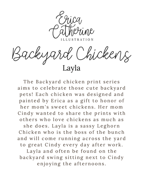 Text about 'Backyard Chickens Layla' illustration by Erica Catherine on a white background