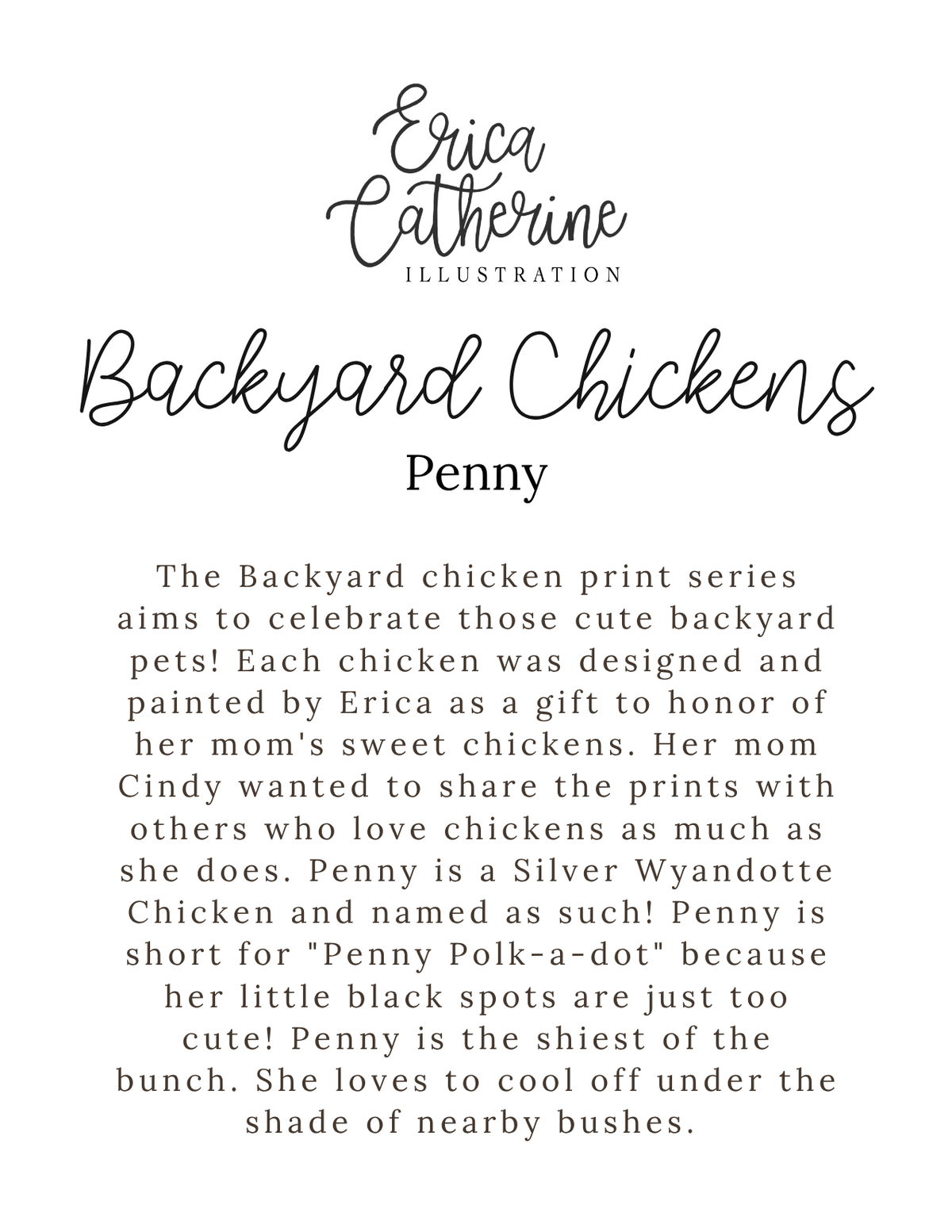 Text about 'Backyard Chickens Penny' illustration by Erica Catherine on a white background