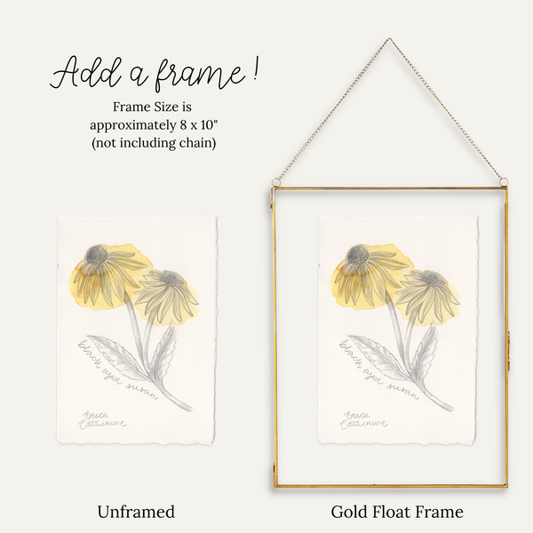 A framed botanical art print showing two yellow flowers with gray stems on a white paper background. The image includes text reading 'Add a frame!' and shows both an unframed version and a gold float frame version, with the gold frame version labeled as approximately 8 x 10 inches.