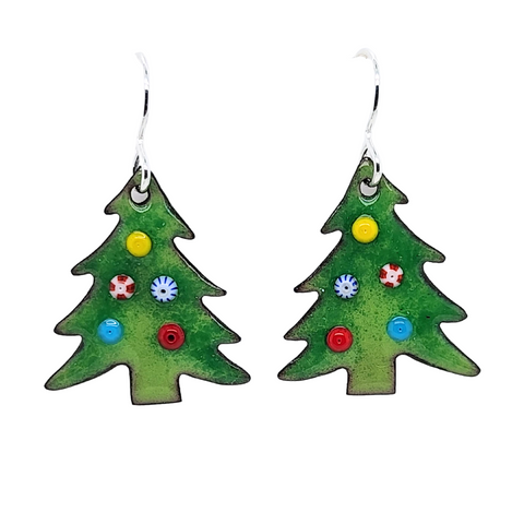 glass enamel Christmas tree earrings