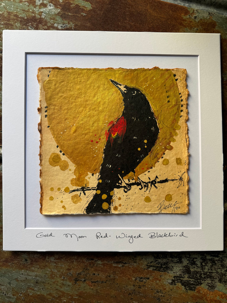 Framed Original Gold Moon Red Winged Blackbird