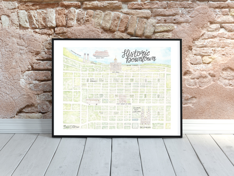 Framed map of Historic Downtown on a stone wall background