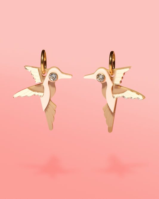Hummingbird Hoop Earrings Beige + Gold