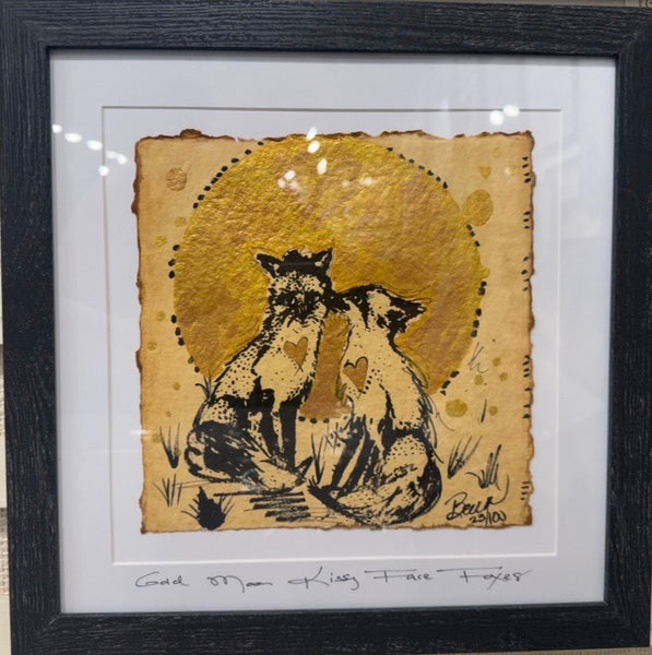 Framed Original Gold Moon Twelve by Twelve" Kissy Face Foxes