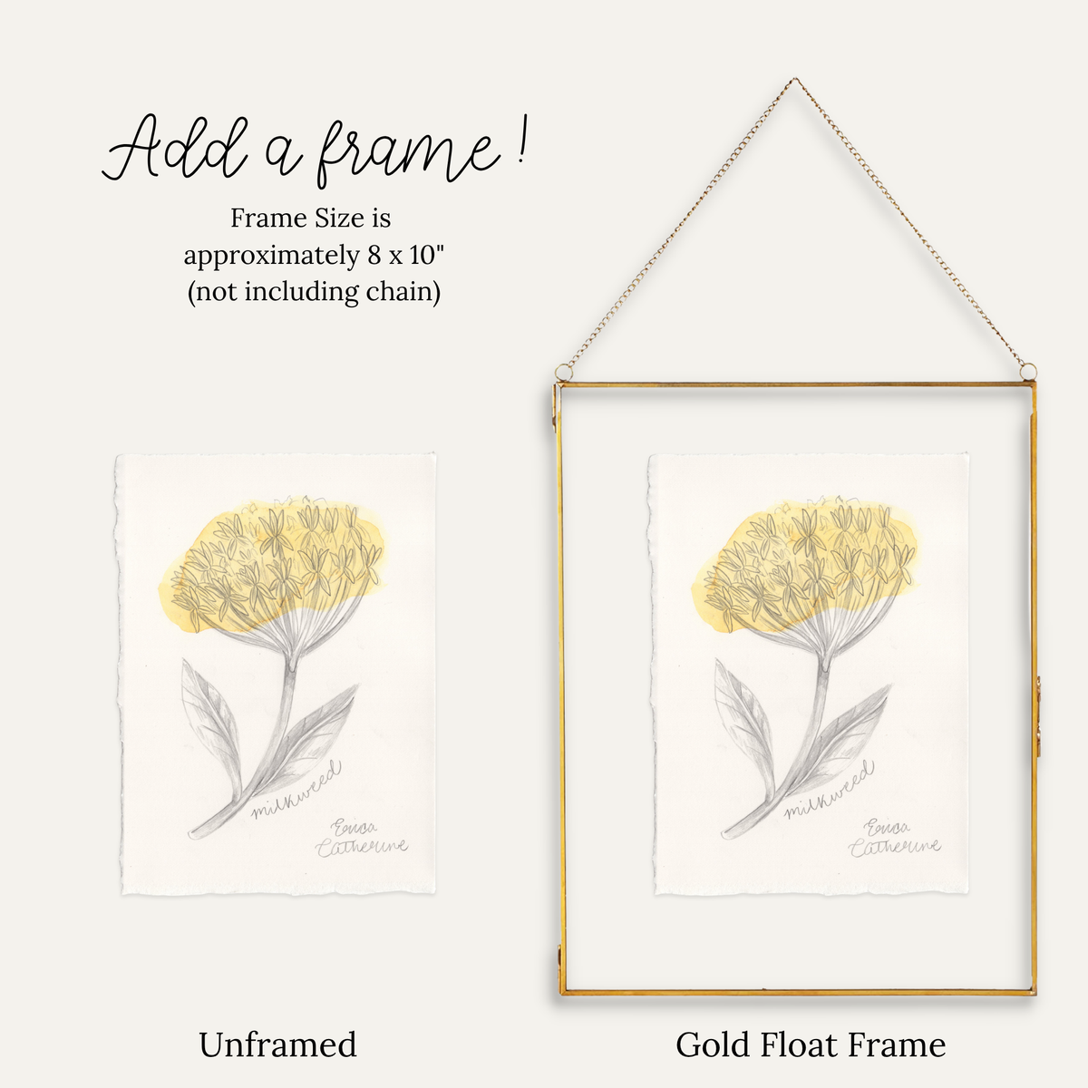 A product comparison graphic showing a floral art print in two formats: an unframed print on the left and a gold float frame with the same print on the right. Text at the top reads 'Add a frame!' with size information, and labels below read 'Unframed' and 'Gold Float Frame'.