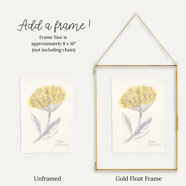 A product comparison graphic showing a floral art print in two formats: an unframed print on the left and a gold float frame with the same print on the right. Text at the top reads 'Add a frame!' with size information, and labels below read 'Unframed' and 'Gold Float Frame'.