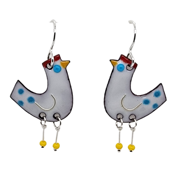 white chicken earrings