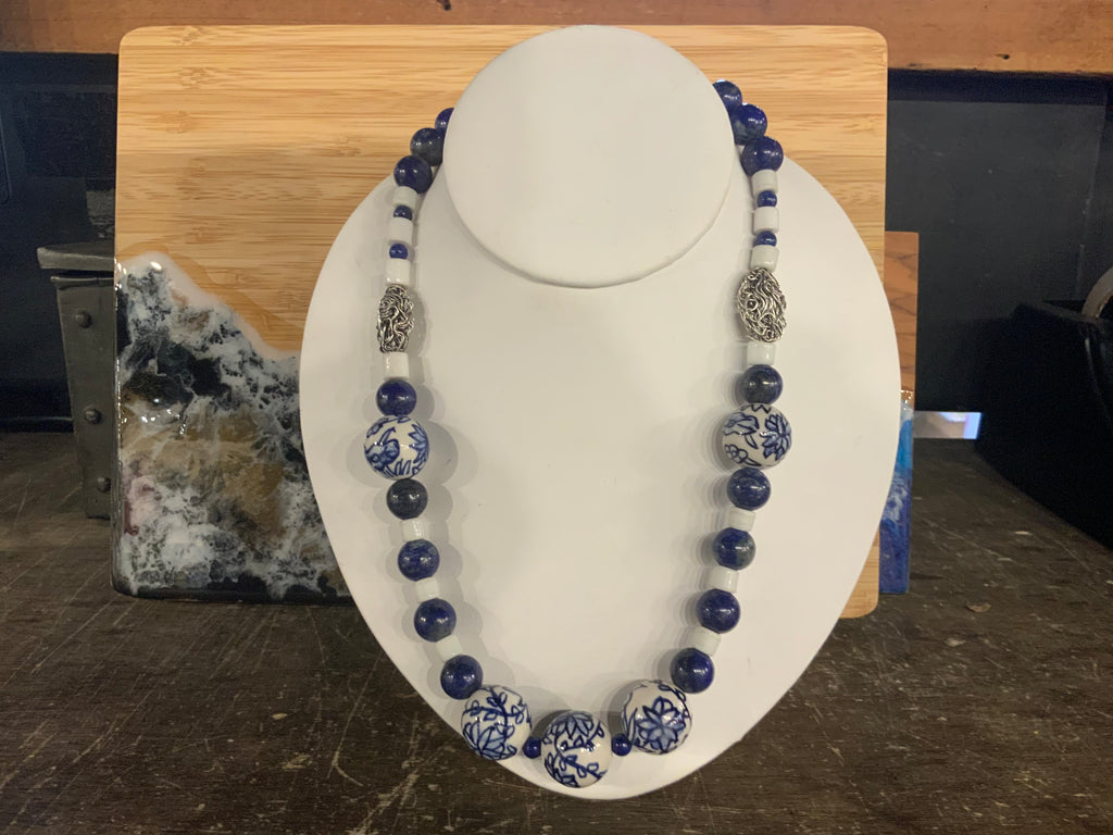 Necklace Lapis,porcelain,sterling