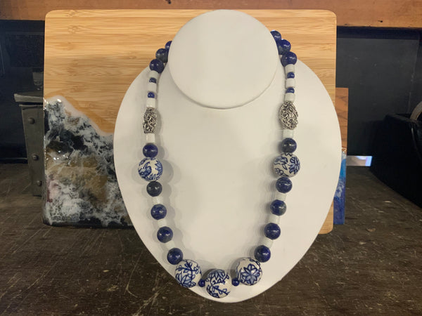 Necklace Lapis,porcelain,sterling