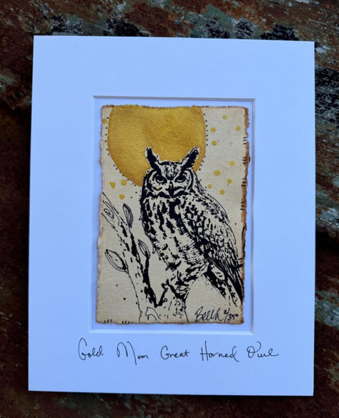 Original Gold Moon Great Horned Owl Eight by Ten"