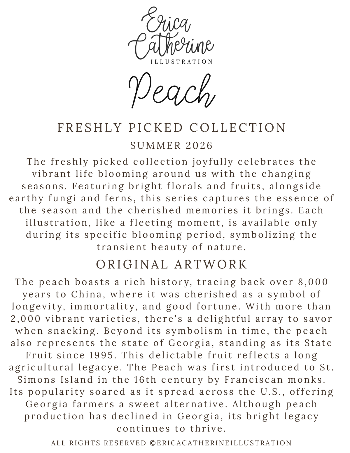 A digital graphic card displaying the cover of Erica Catherine Illustration's 'Peach' Freshly Picked Collection Summer 2026 book or digital guide. The design features elegant black typography on a solid white background, detailing the collection's theme and original artwork.