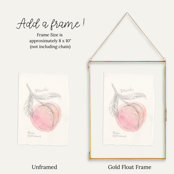 A product comparison graphic showing a peach watercolor art print in both unframed and gold float frame formats. The top text reads 'Add a frame!' with size information, and the bottom labels 'Unframed' and 'Gold Float Frame'.