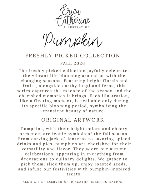 A digital graphic card featuring black text on a solid white background. The text is styled in elegant fonts, with the brand 'Erica Catherine Illustration' at the top, followed by 'Pumpkin' and 'Freshly Picked Collection Fall 2026'.