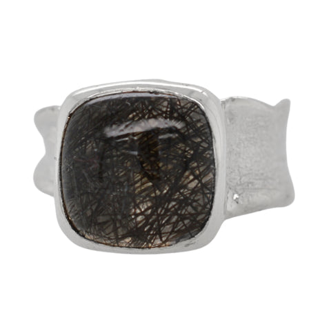Rutilated Quartz Cushion Ripple Ring
