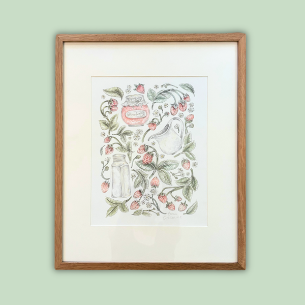 Framed artwork with floral and jar design on a light green wall