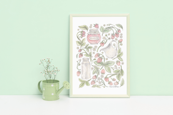 Framed botanical illustration with flowers and jars on a light green background