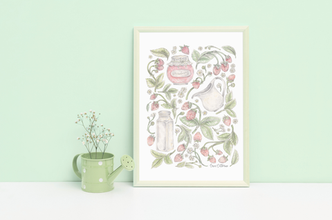 Framed botanical illustration with flowers and jars on a light green background