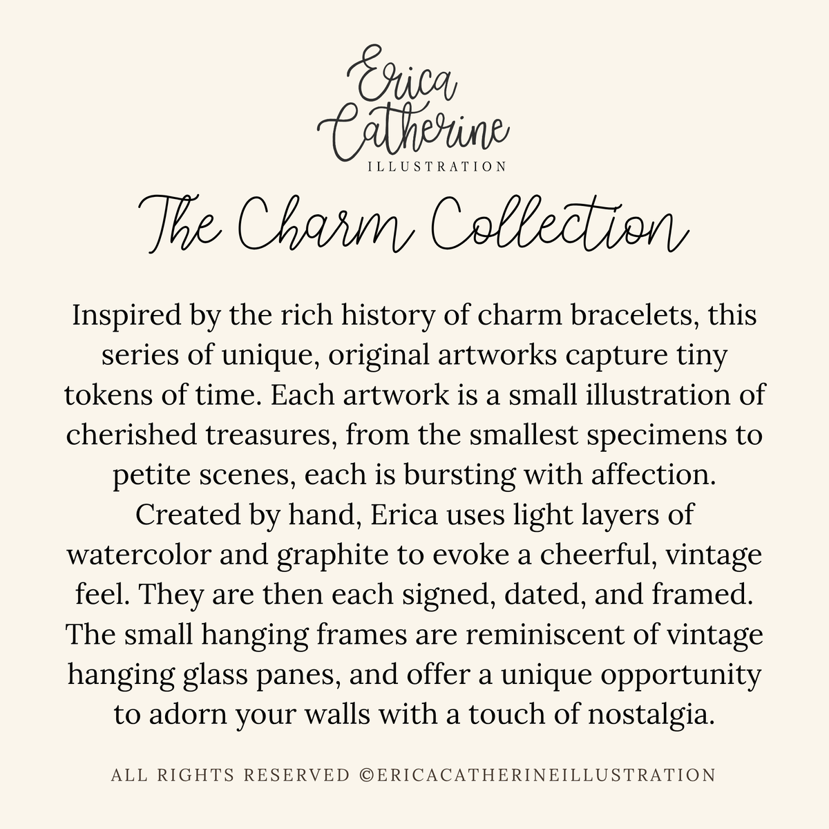 A text-based promotional graphic on a warm cream background with the name Erica Catherine Illustration at the top and a paragraph describing 'The Charm Collection' artwork. No physical product is shown.