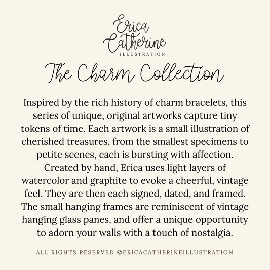 A text-based promotional graphic on a warm cream background with the name Erica Catherine Illustration at the top and a paragraph describing 'The Charm Collection' artwork. No physical product is shown.