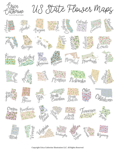 US State Flower Maps illustration by Erica Catherine Illustration on a white background