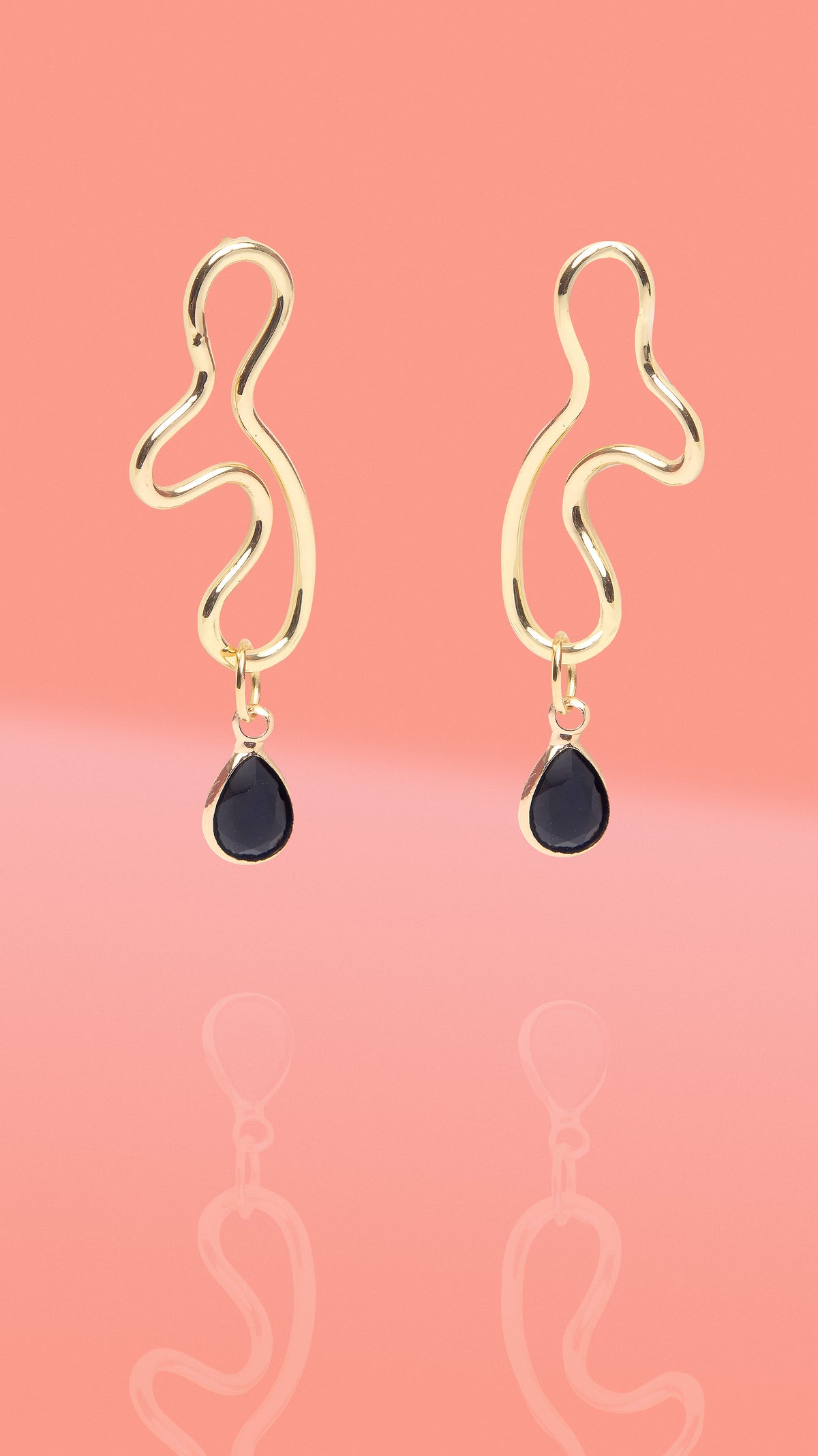 Abstract Wiggle Gold Plated Hoop Black Glass Charm