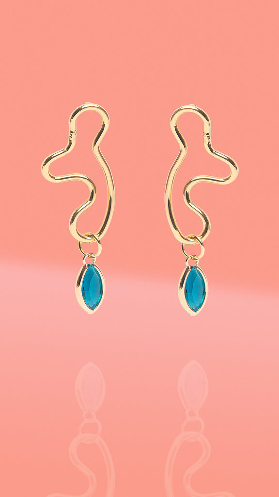 Abstract Wiggle Gold Plated Hoop Blue Glass Charm