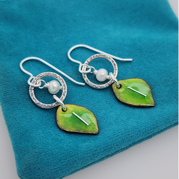 white pearl and green leaf earrings