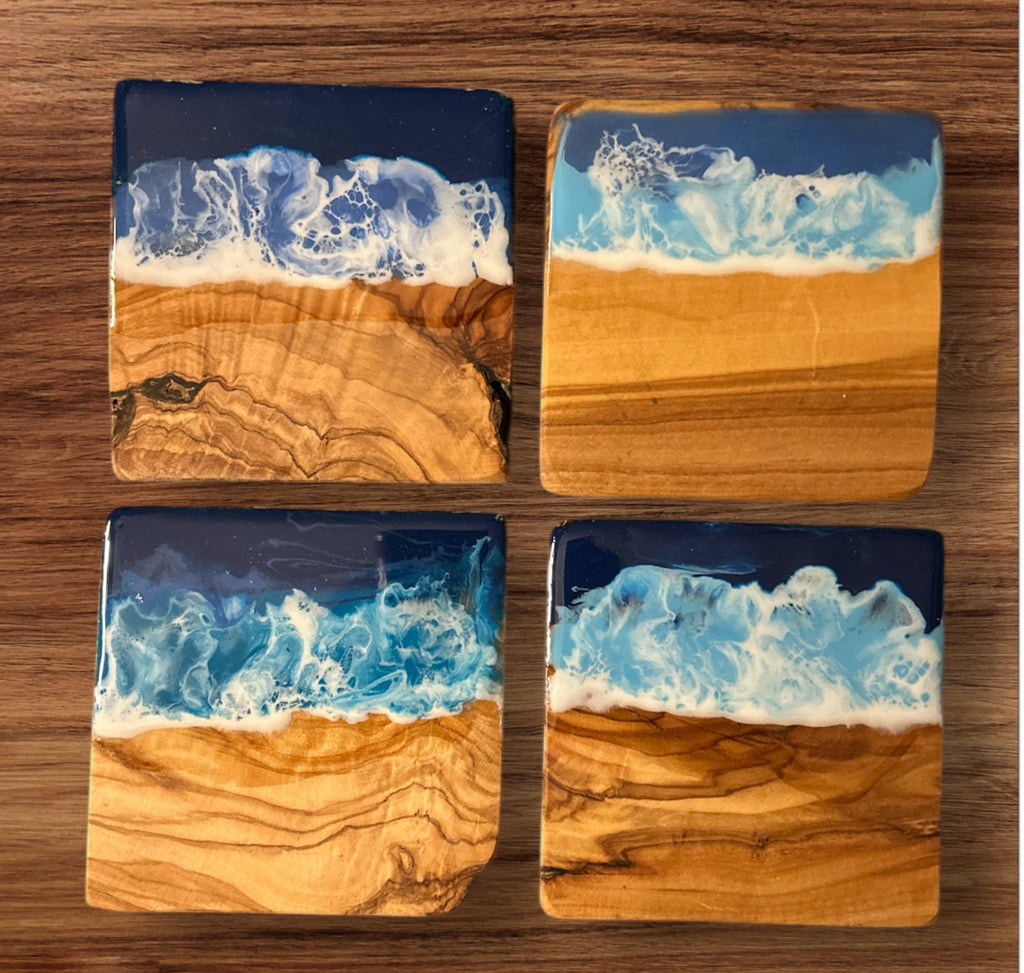 Resin Ocean Themed Olive Wood Square Coaster Set of 4
