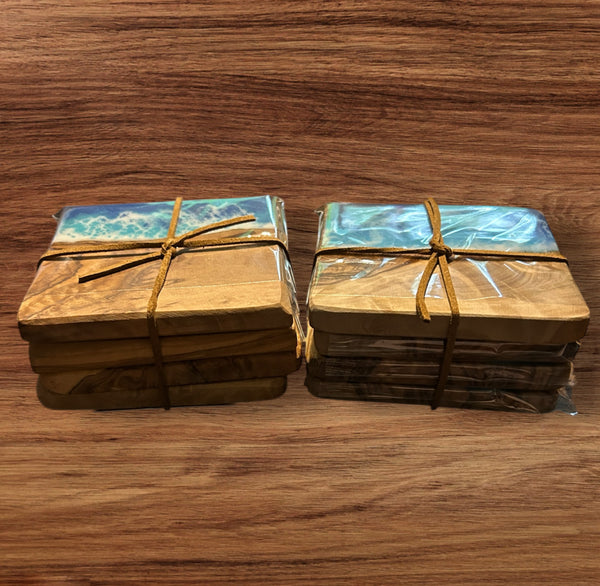Resin Ocean Themed Olive Wood Square Coaster Set of 4