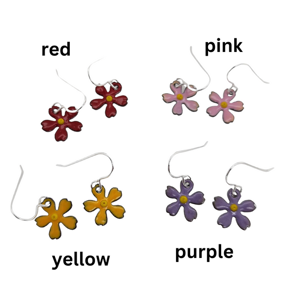 red, pink, purple, and yellow glass enamel flower earrings