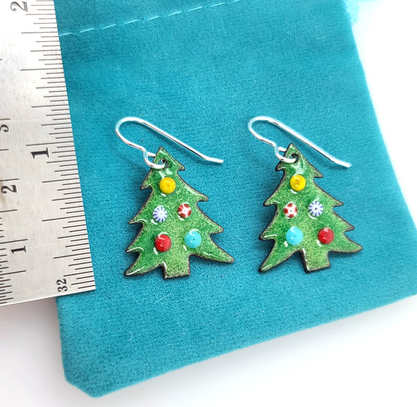 enameled glass Christmas tree earrings