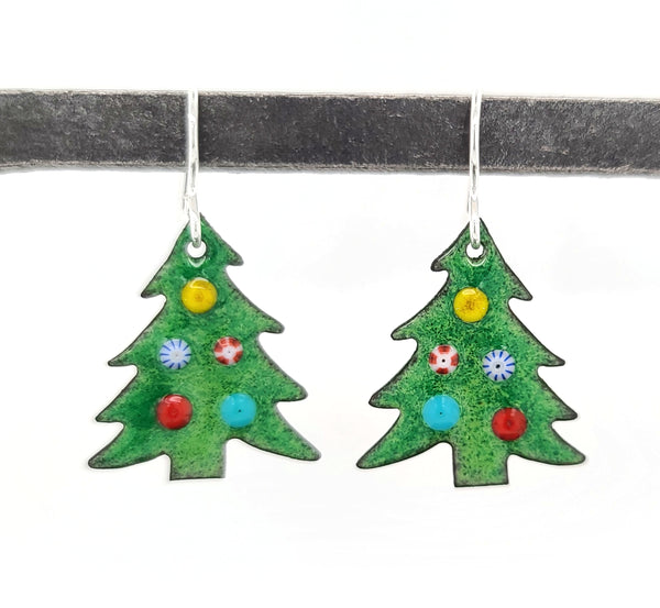 colorful ornaments on green Christmas tree earrings