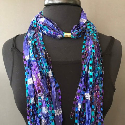indigo blue fiber scarf necklace
