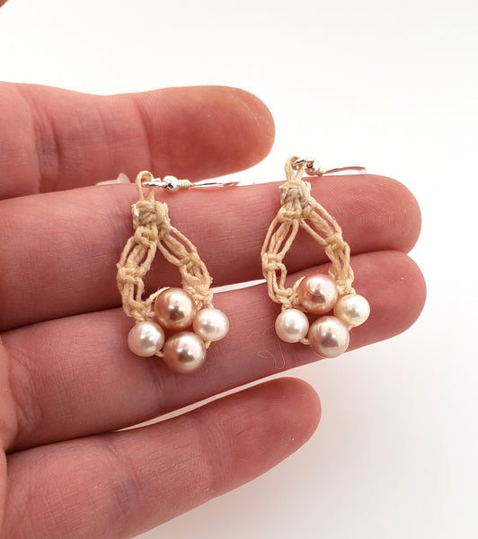 hand knotted linen earrings with pearls