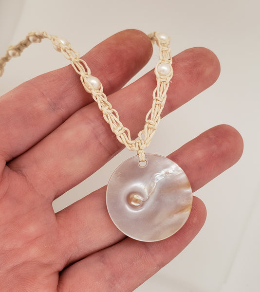 hand knotted macrame necklace with pearls