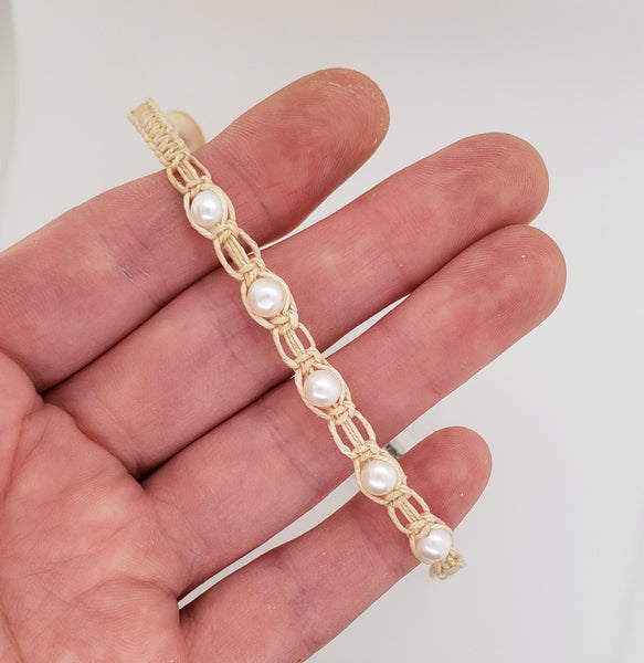 white freshwater pearl and linen bracelet