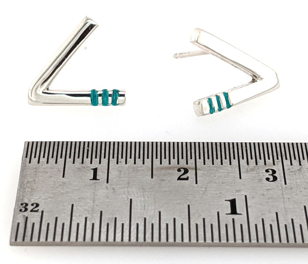silver v earrings with aqua lines