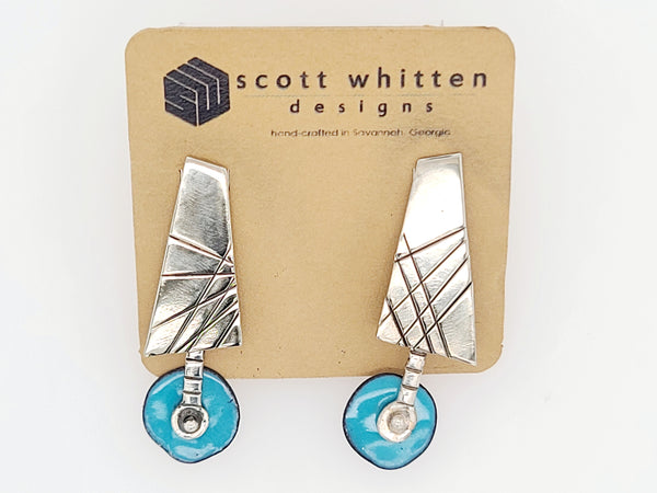 Modern Sterling and Blue Enamel Stud Drop Earrings by Scott Whitten Gallery 209